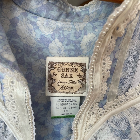 70s Gunne Sax gauzy floral dress vintage cottage core powder blue knee length - Picture 7 of 12